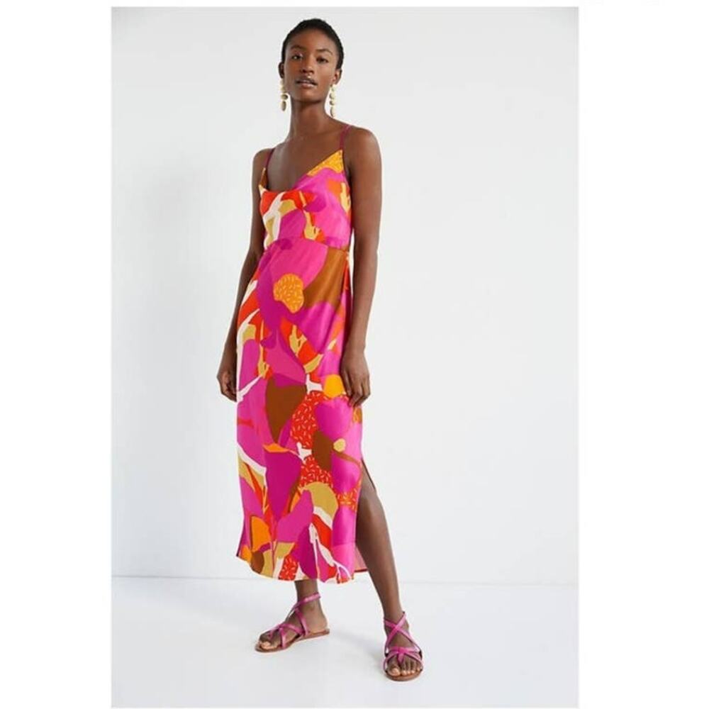 Anthropologie Bright Floral Midi Slip Dress Size XS